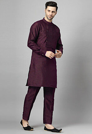 Pintucked Art Silk Kurta Set in Wine