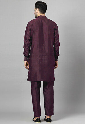 Pintucked Art Silk Kurta Set in Wine