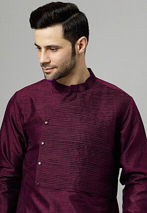 Pintucked Art Silk Kurta Set in Wine