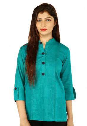 Pintucked Cotton Flex Top in Teal Blue