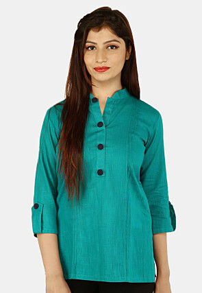 Pintucked Cotton Flex Top in Teal Blue