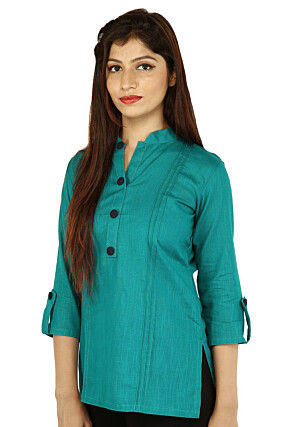 Pintucked Cotton Flex Top in Teal Blue