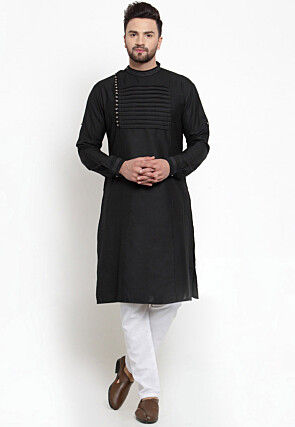Pintucked Cotton Kurta Set in Black