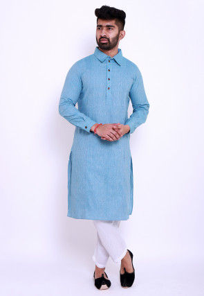 Pintucked Linen Cotton Kurta in Sky Blue