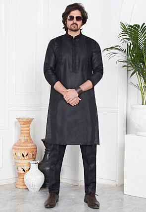 Pintucked Linen Cotton Kurta Set in Black