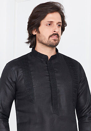 Pintucked Linen Cotton Kurta Set in Black