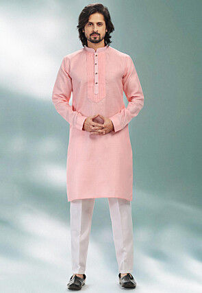 Pintucked Linen Cotton Kurta Set in Pink