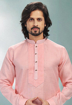 Pintucked Linen Cotton Kurta Set in Pink