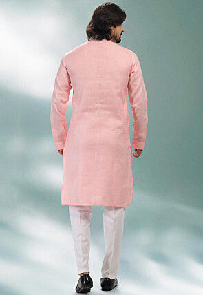 Pintucked Linen Cotton Kurta Set in Pink