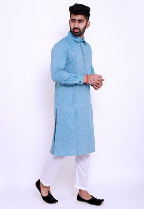Pintucked Linen Cotton Kurta Set in Sky Blue