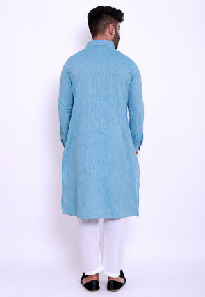 Pintucked Linen Cotton Kurta Set in Sky Blue