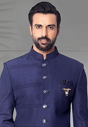 Pintucked Terry Rayon Jodhpuri Jacket in Navy Blue