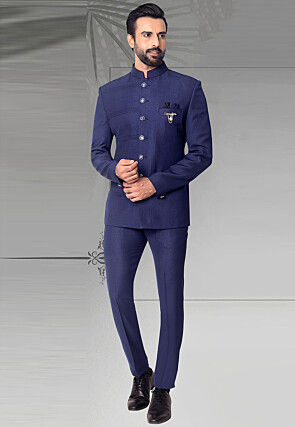 Pintucked Terry Rayon Jodhpuri Jacket in Navy Blue