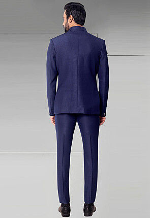 Pintucked Terry Rayon Jodhpuri Jacket in Navy Blue