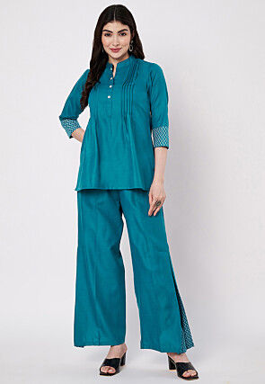 Pintucks Cotton Co Ord Set in Teal Blue