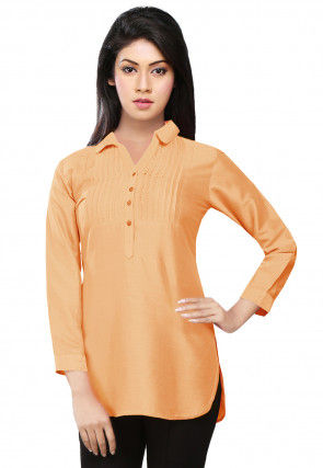 Pintucks Art Silk Kurti in Light Peach