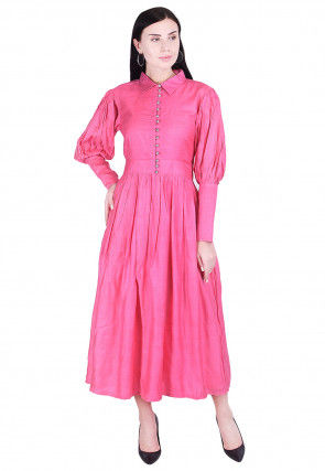 Plain Art Silk A Line Dress in Pink