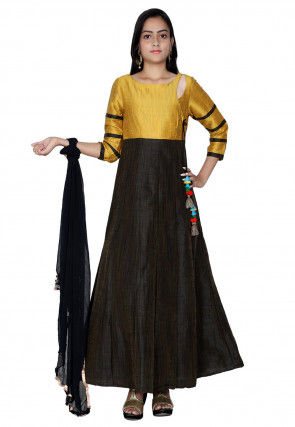Plain Art Silk Abaya Style Suit in Black and Mustard
