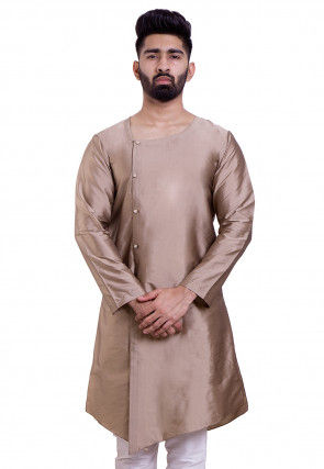 Plain Art Silk Asymmetric Kurta in Light Fawn