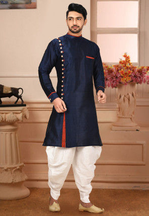 Plain Art Silk Dhoti Kurta in Navy Blue