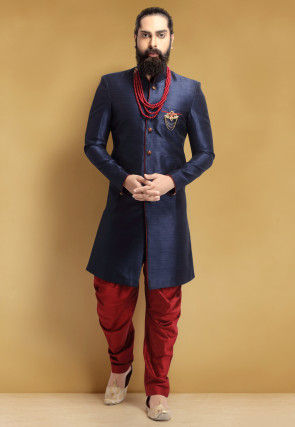 Plain Art Silk Dhoti Sherwani in Navy Blue