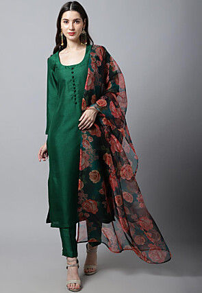 Plain Art Silk Pakistani Suit in Dark Green