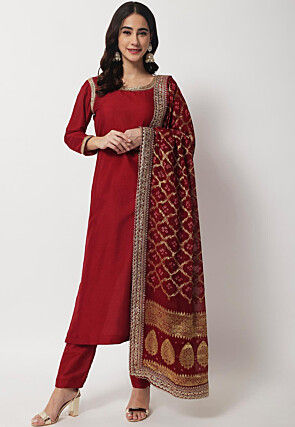 Plain Art Silk Pakistani Suit in Maroon
