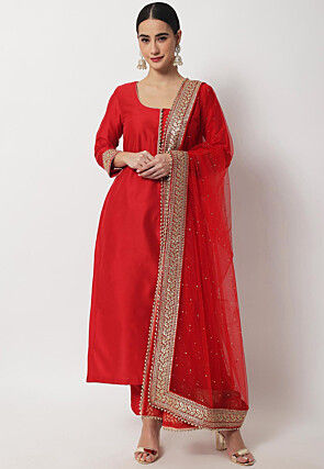 Plain Art Silk Pakistani Suit in Red