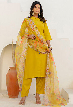 Plain Art Silk Pakistani Suit in Yellow