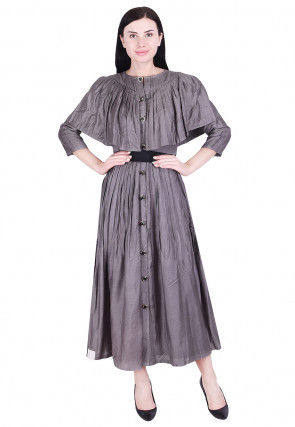 Plain Art Silk Pleated Dress in Grey