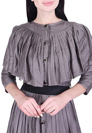 Plain Art Silk Pleated Dress in Grey