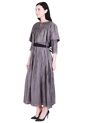 Plain Art Silk Pleated Dress in Grey