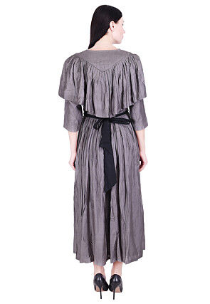 Plain Art Silk Pleated Dress in Grey