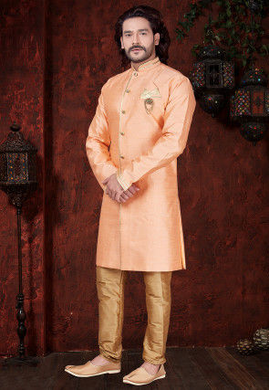 Plain Art Silk Sherwani in Peach