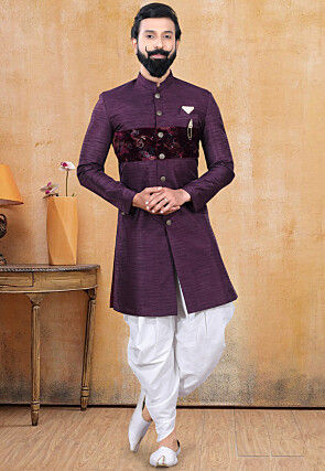 Plain Art Silk Sherwani in Purple