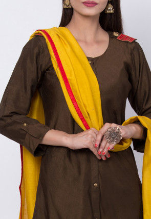 Plain Art Silk A Line Suit in Dark Brown