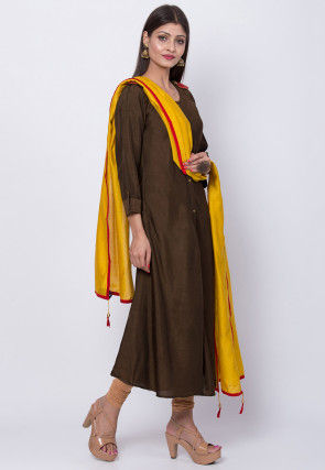 Plain Art Silk A Line Suit in Dark Brown