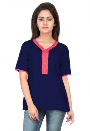 Plain Art Silk Top in Navy Blue
