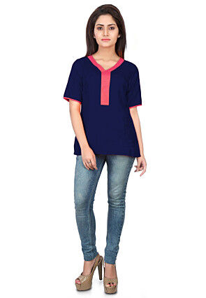 Plain Art Silk Top in Navy Blue