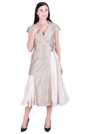 Plain Art Silk Wrap Around Dress in Fawn