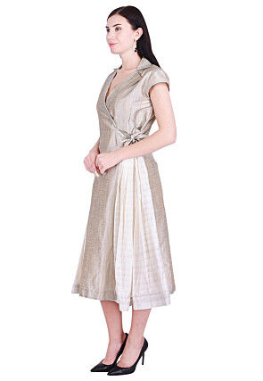 Plain Art Silk Wrap Around Dress in Fawn