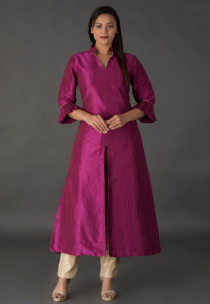 Plain Bhagalpuri Silk Front Slit Long Kurta in Magenta