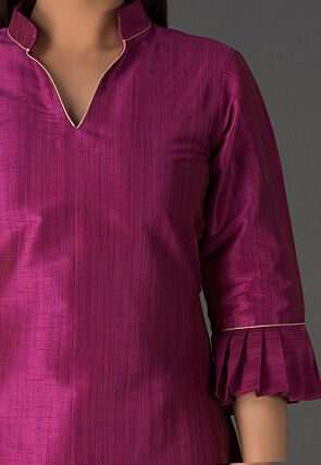 Plain Bhagalpuri Silk Front Slit Long Kurta in Magenta