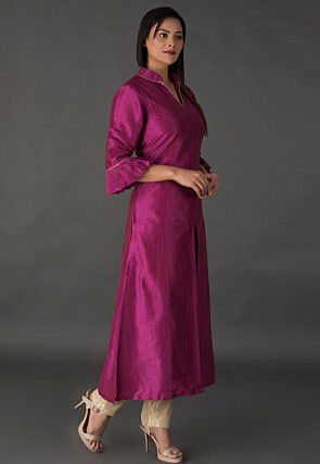 Plain Bhagalpuri Silk Front Slit Long Kurta in Magenta