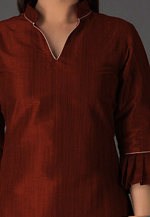 Plain Bhagalpuri Silk Front Slit Pakistani Suit in Maroon