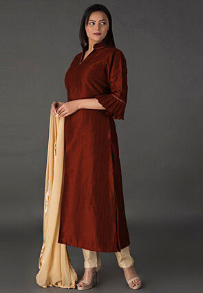 Plain Bhagalpuri Silk Front Slit Pakistani Suit in Maroon