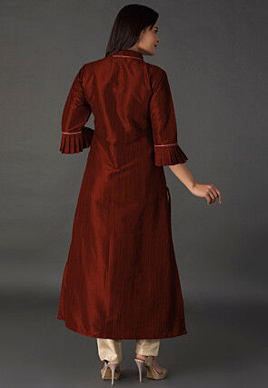 Plain Bhagalpuri Silk Front Slit Pakistani Suit in Maroon