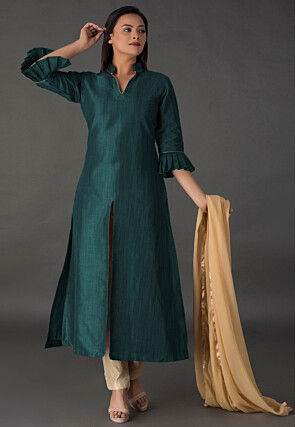 Plain Bhagalpuri Silk Front Slit Pakistani Suit in Teal Green