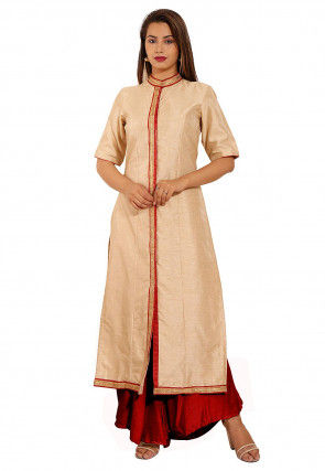 Plain Bhagalpuri Silk Straight Kurta in Beige