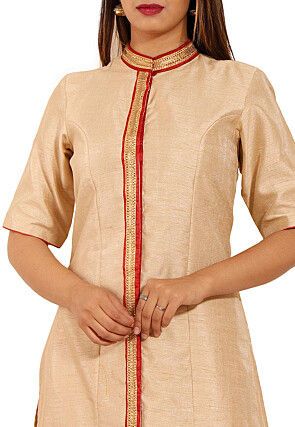 Plain Bhagalpuri Silk Straight Kurta in Beige